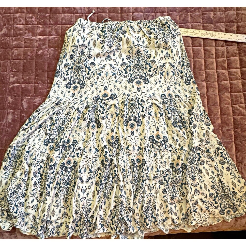 Maurices Women’s L Cream Blue Floral Tiered Maxi Skirt Boho Rayon Lined